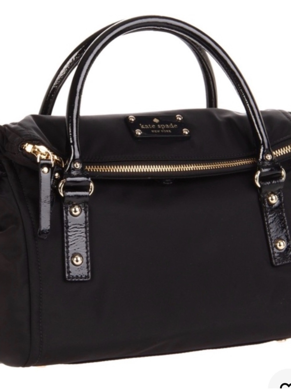 kate spade black satchel with patent handles and gold hardware
